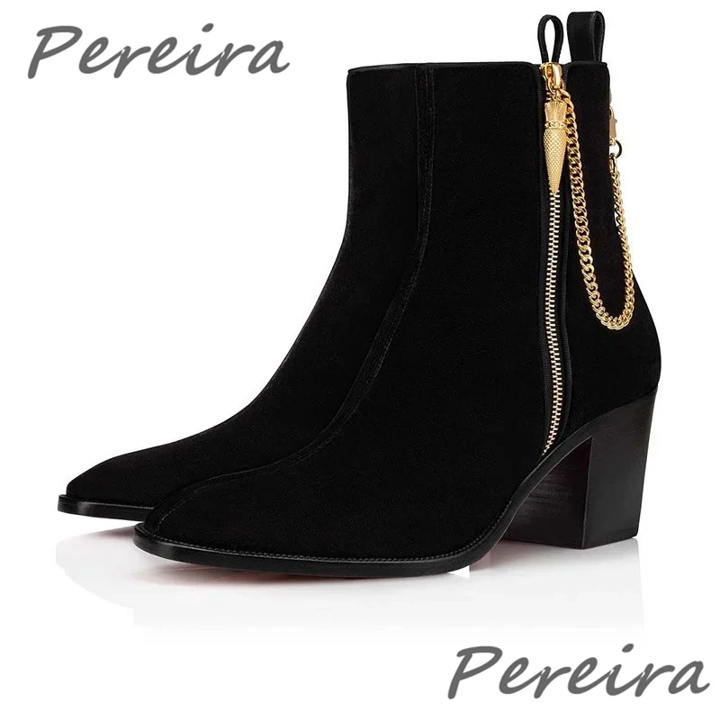 Men Suede Ankle Boots Gold Chain Black Red Velvet Pointed Toe High Heel Shoes Luxury Genuine Leather Side Zipper Chelsea Boots