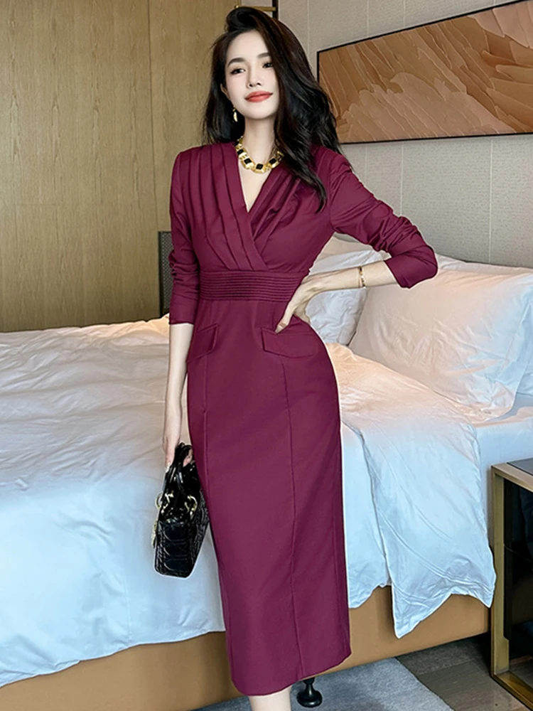 New Fashion Spring Autumn Street Clothes Work Style Commute Formal Dress Ladies Women Elegant V-Neck Wrap Hip Robe Mujer Vestido