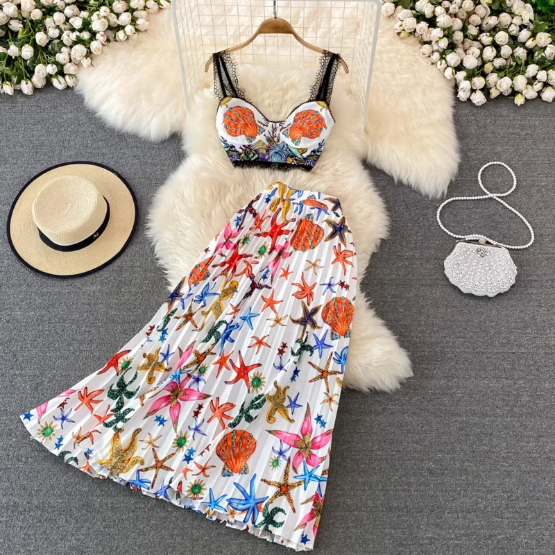 2024 Runway Designer Starfish Skirts Sets Summer Boho Vacation Outfits Two Piece Women Lace Cropped Tops And Pleated Long Skirt