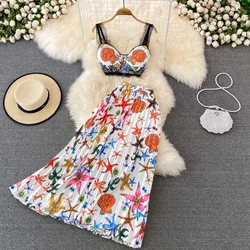 2024 Runway Designer Starfish Skirts Sets Summer Boho Vacation Outfits Two Piece Women Lace Cropped Tops And Pleated Long Skirt