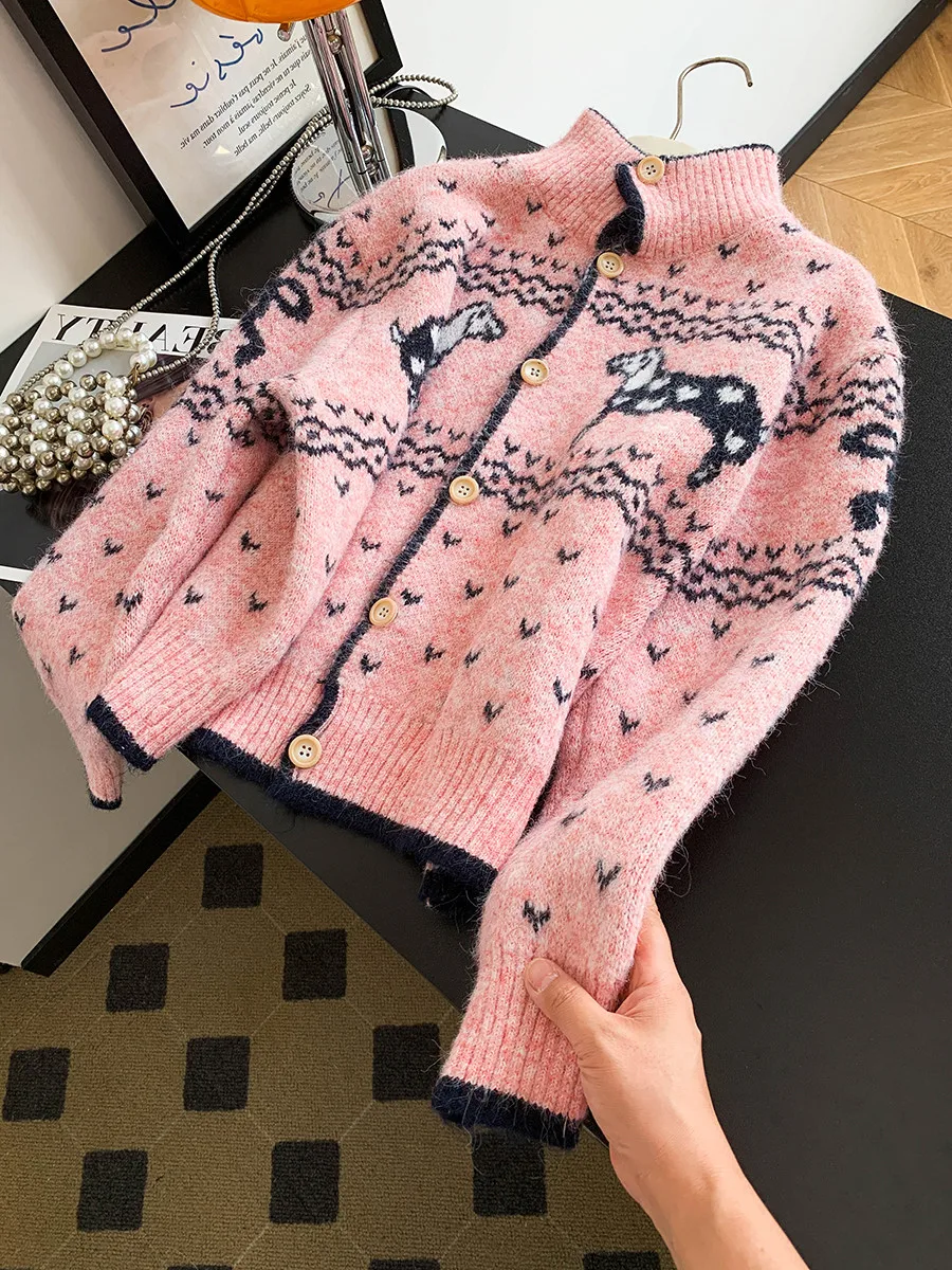 Cardigan aperto con motivo floreale lavorato a maglia dolce rosa Top Guangzhou Tredicesimo Fac Donna Autunno Inverno Camere Swe...