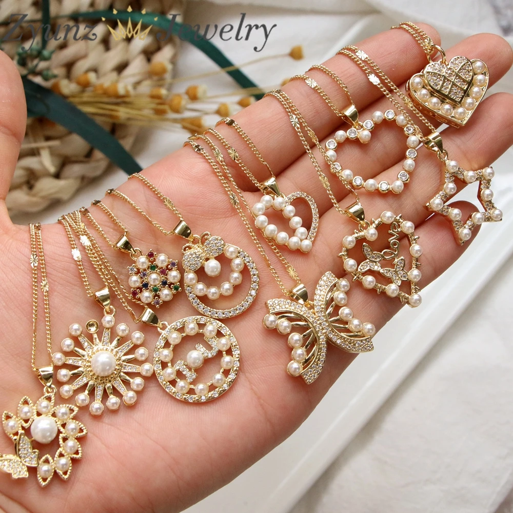 10PCS, Elegant Jewelry Pearl Shell Heart Flower Star Pendant Necklace Gold Color Unquie Women Fashion Necklace
