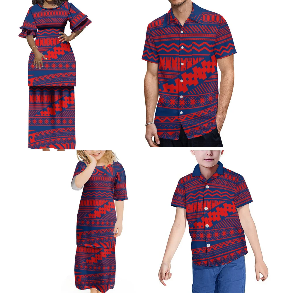 Adult Children'S Clothing Polynesian Vintage Grain Design Art Clothing Family Party Set Custom Women'S Puletasi Men'S Shirt