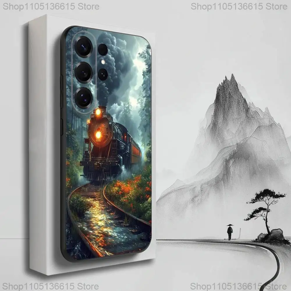 Funda de teléfono clásica Steam Train para Samsung S25,S24,S23,S22,S21,S20,S10,Ultra,Plus,Lite,FE, funda negra de silicona suave