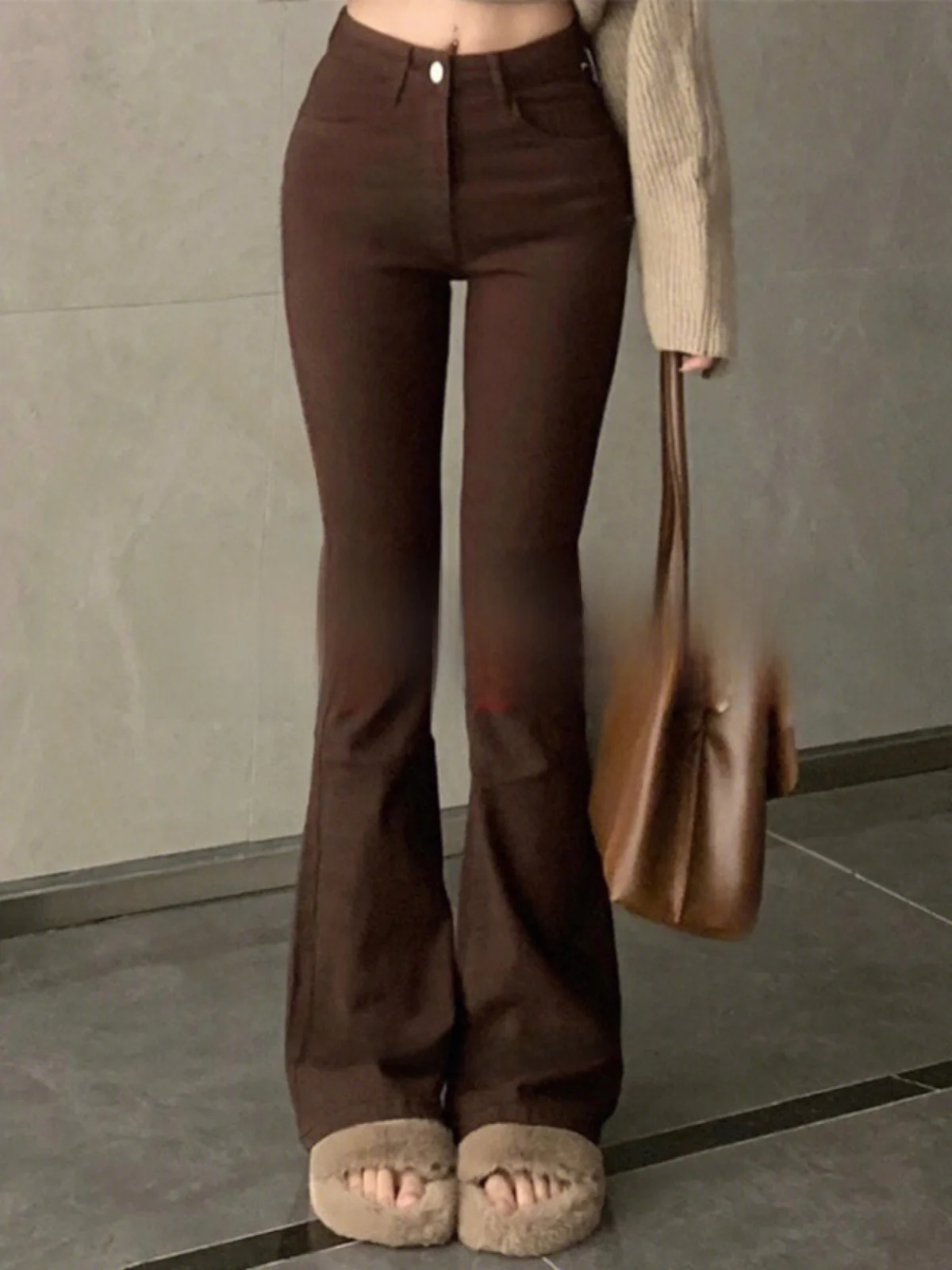 50 Short Man Brown Slightly Pull Jeans Women Gyaru Elastic Height Shoe Pants Autumn And Winter Xs Mop