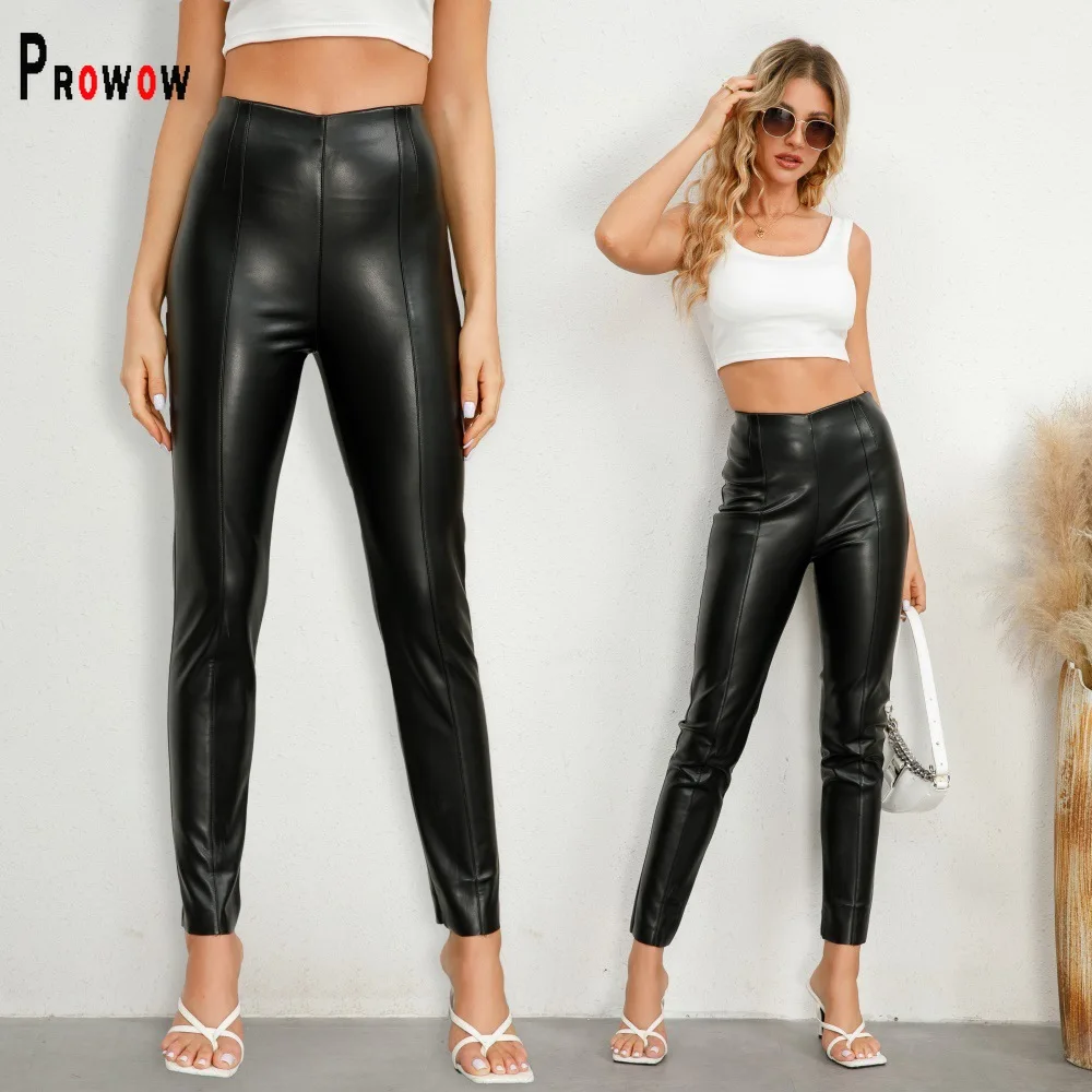 

Prowow Fashion Pu Women's Pant Thin Velvet Fall Female Slim Fit Bottoms Trousers Solid Color Low Waisted Basic Streetwear