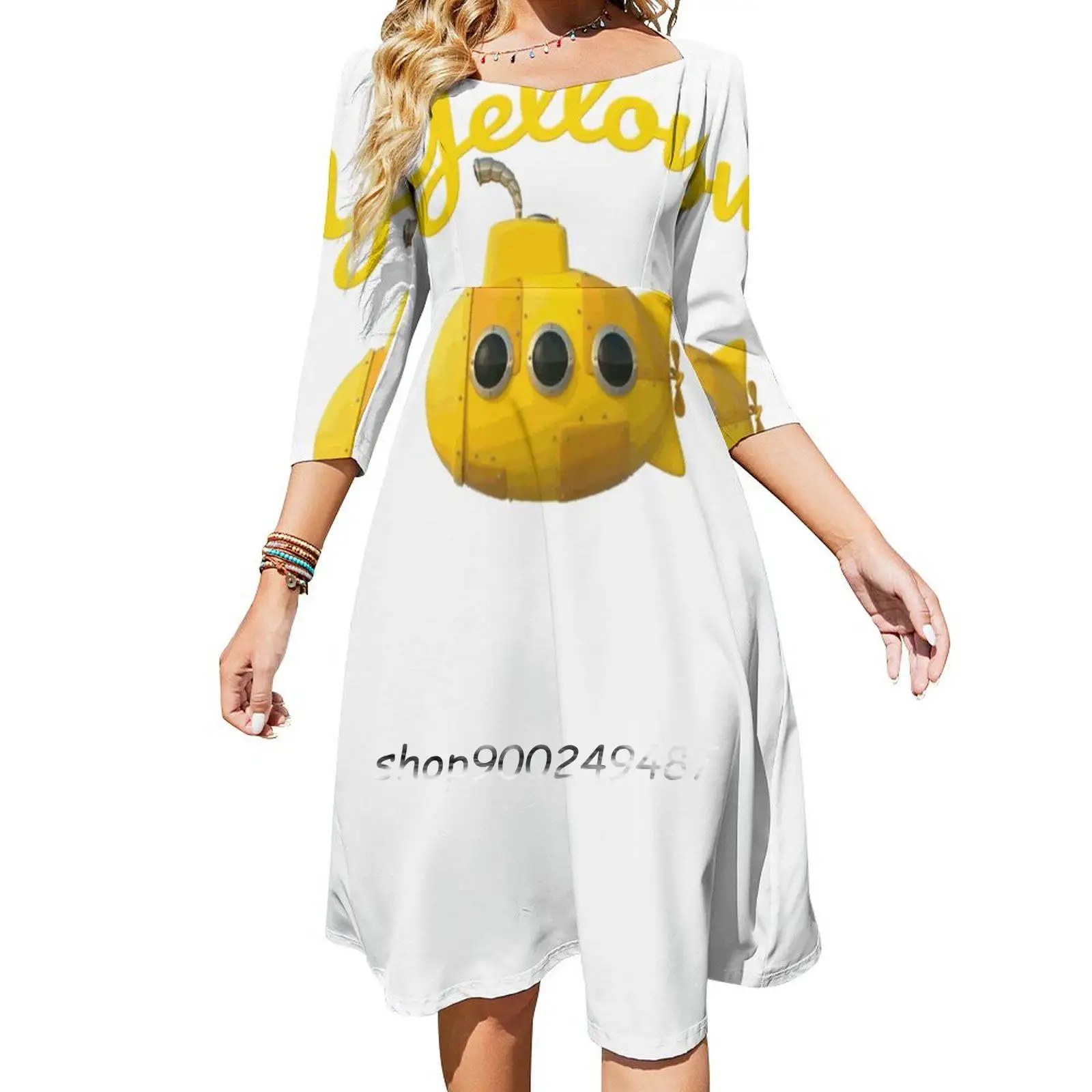 Cute Cartoon Yellow Stylized Toy Submarine Square Neck Dress Cute Loose Print Dresses Elegant Beach Party Dress Toy Cartoon The