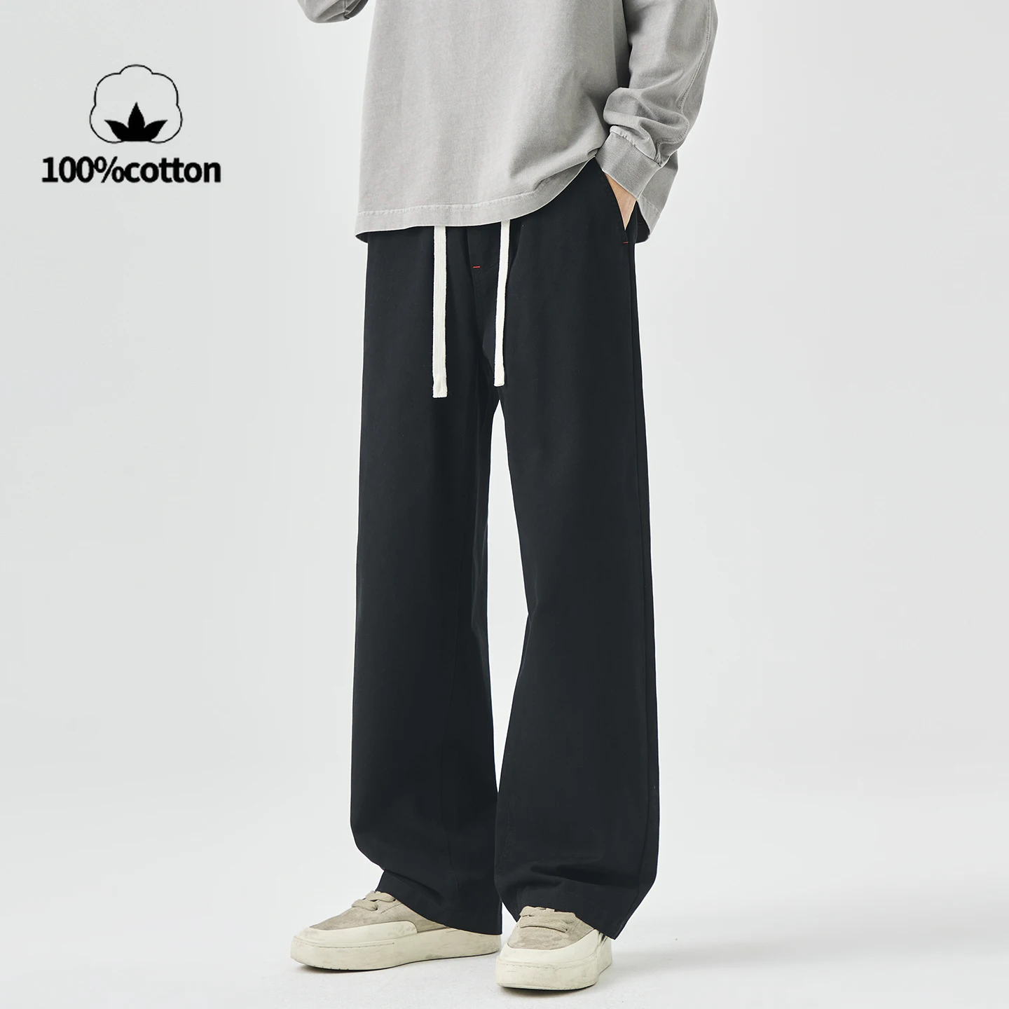 

2025 Fall/Winter New 100% Cotton Elastic Waisted Men's Relaxed Straight-leg Long Trousers
