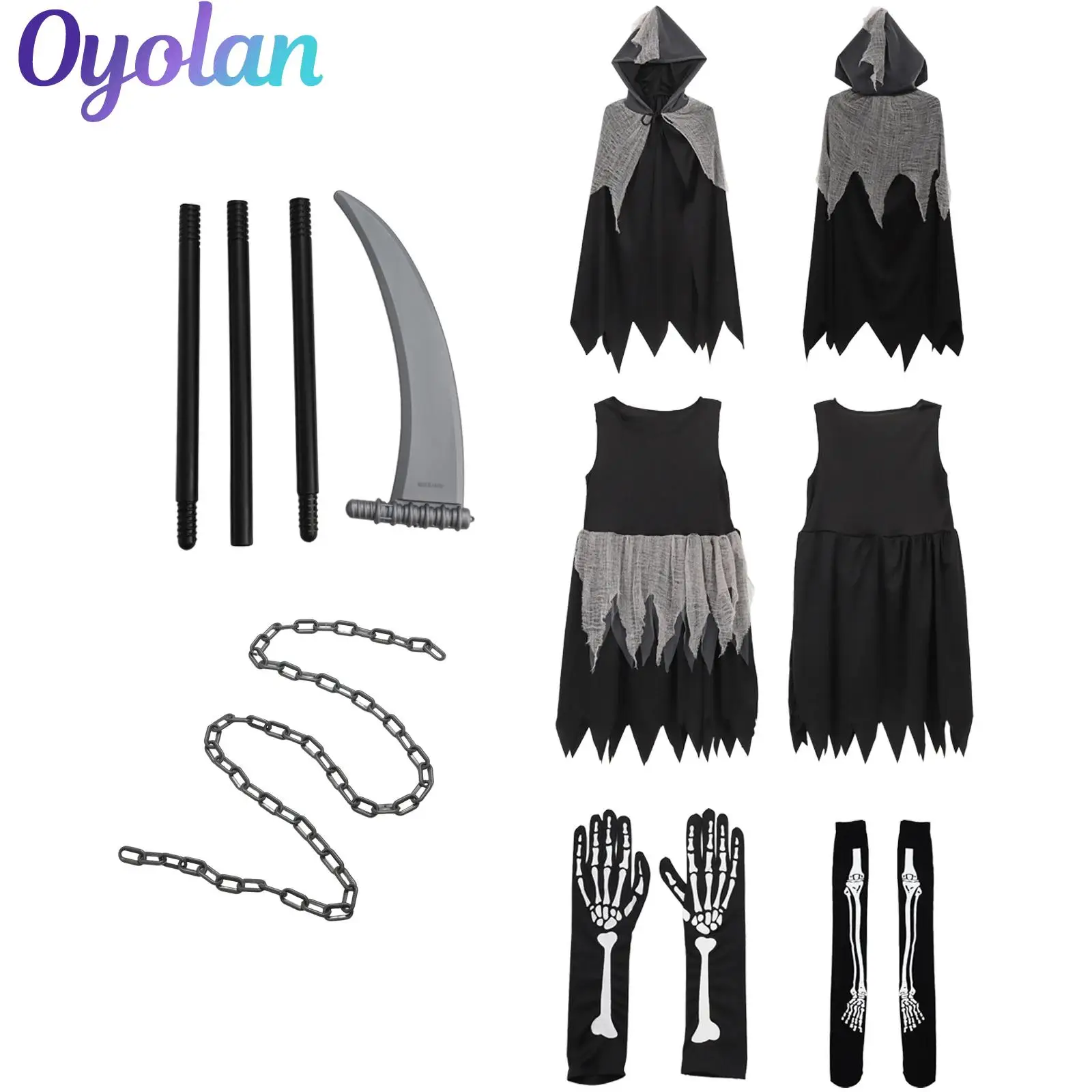 

Girls Grim Reaper Halloween Scary Ghost Cosplay Costume Jagged Hem Dress Cloak Scythe Skull Printed Gloves Socks and Chain