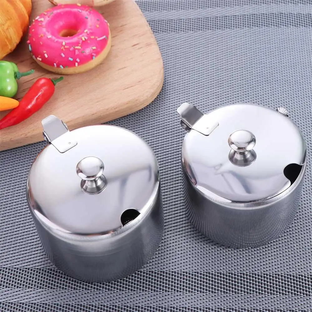 

Convenient Silver Stainless Steel Sugar Bowl Dustproof Waterproof Salt Organizer with Lid Spoon Spice Container for Kichen