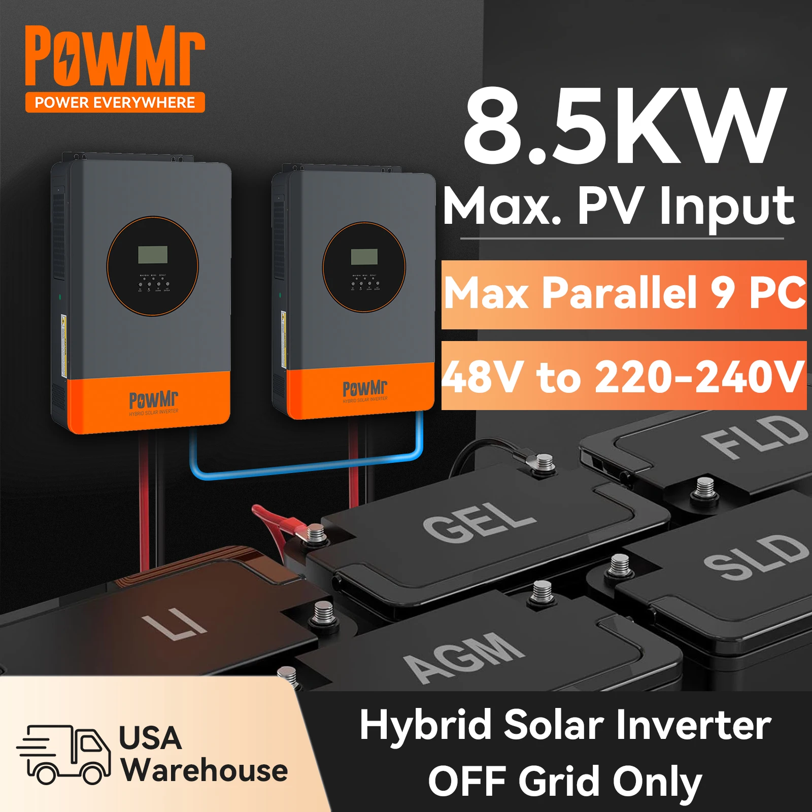 

PowMr Parallel Hybrid Solar Inverter 48V to 220V 230V 240V MPPT 120A 6.2KW Off Grid 3-Phase Optional