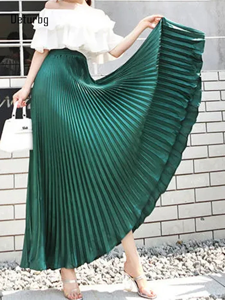 Women's Elegant Metal Color Mermaid Skirt Korean Fashion Elastic High Waist Floor Length Pleated Maxi Skirts 2024 Summer K78