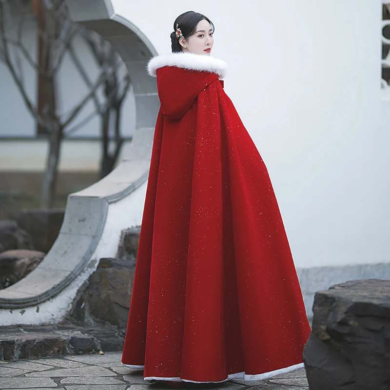 Red cloak Hanfu women's Chinese style autumn and winter wedding velvet thickened cloak ancient style shawl winter cotton