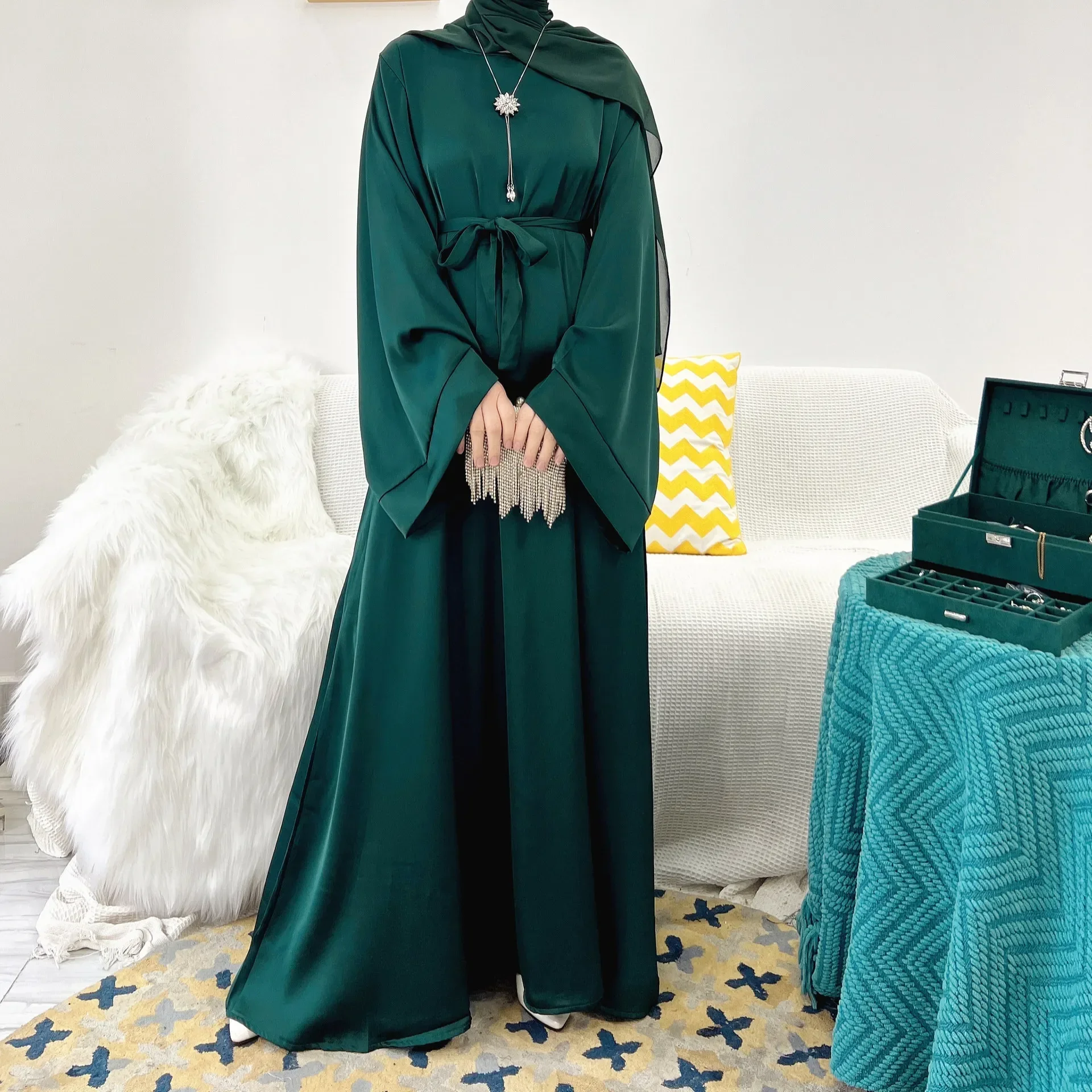 Vestido abaya muçulmano liso dubai ramadan eid casual abayas para mulheres turco hijab cetim vestidos islâmicos roupas modestas kaftan