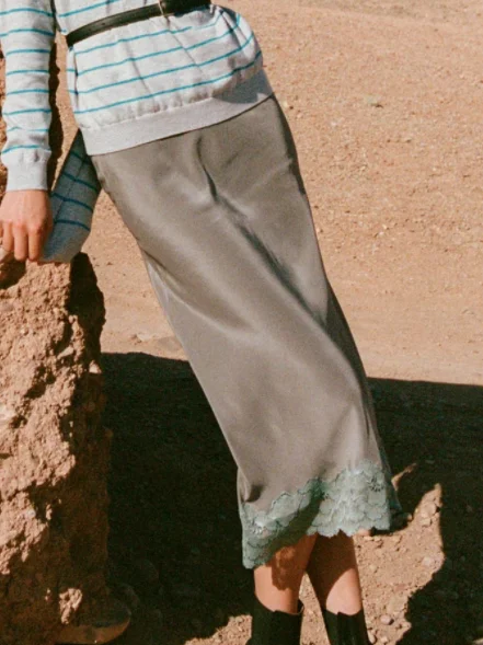 

Dourbesty Womens Satin Midi Skirt Stylish Elegant Solid Color Lace Trim Slim Fit Mid Rise Skirt