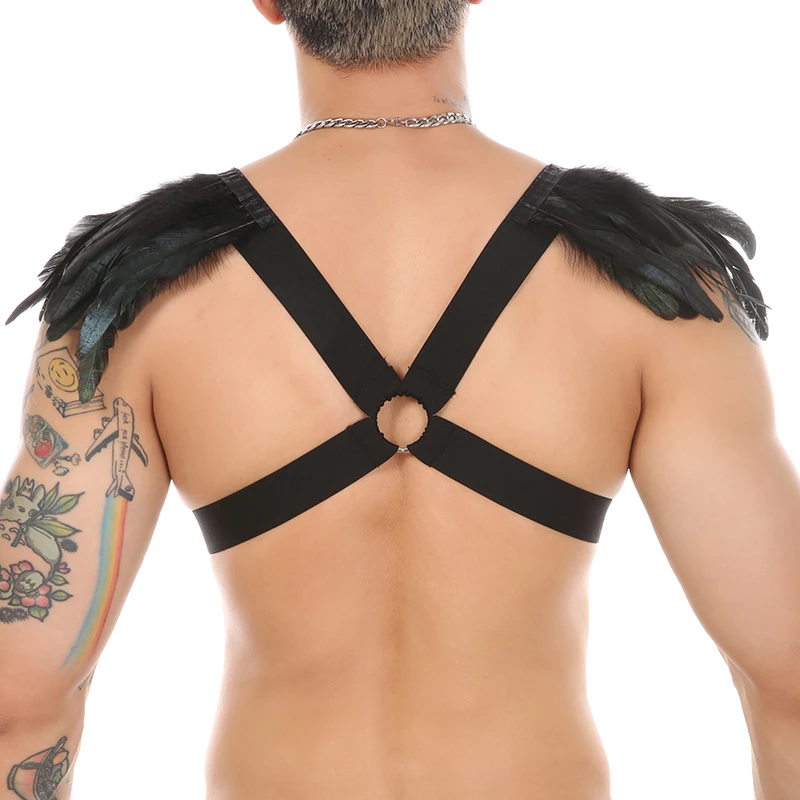 CLEVER-MENMODE 남성 하네스 깃털 펑크 고딕 속박 고삐 이국적인 란제리 케이지 섹시한 바디 벨트 할로윈 의상 날개