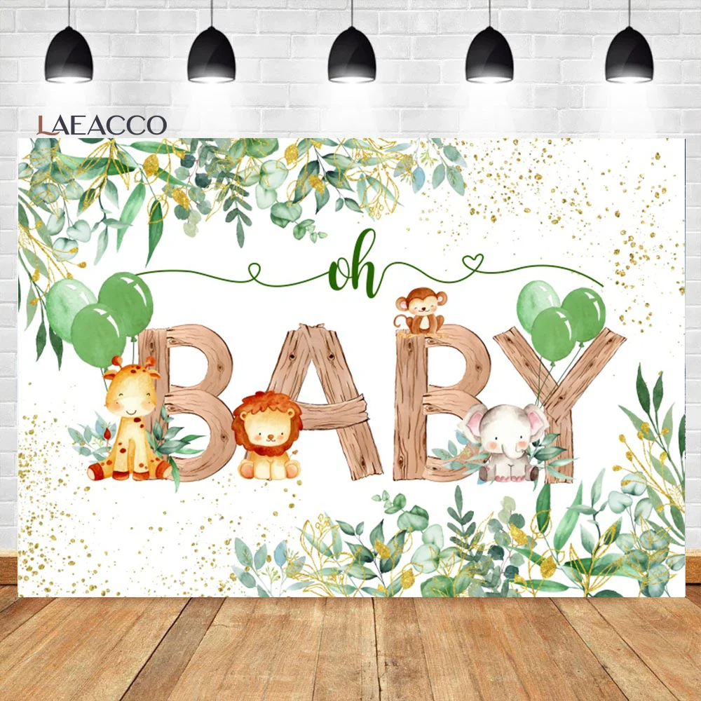 

Laeacco Safari Party Oh Baby Backdrop Gold Glitter Dots Green Leaves Cute Animal Kids Birthday Portrait Photography Background