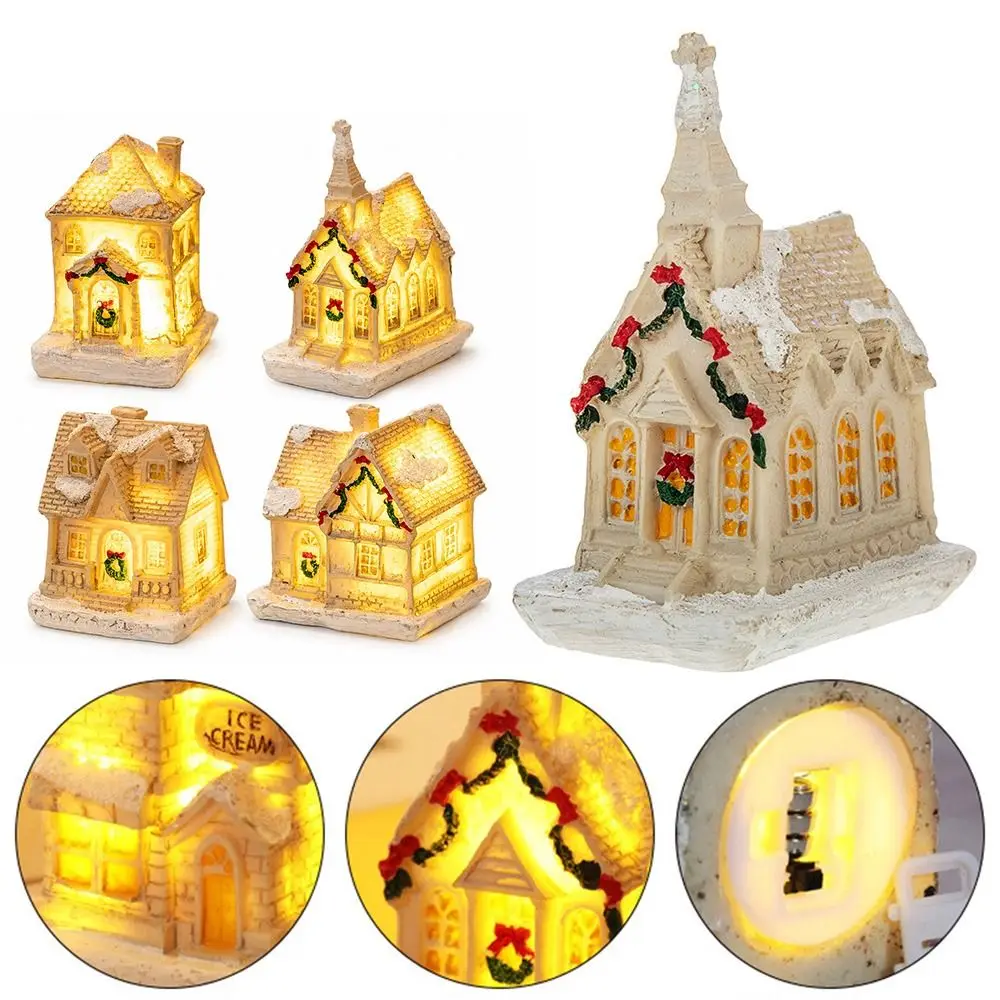 Resin Christmas House Ornament LED Light Cartoon Mini Light Up Village House Battery Powered Snow House Figurine