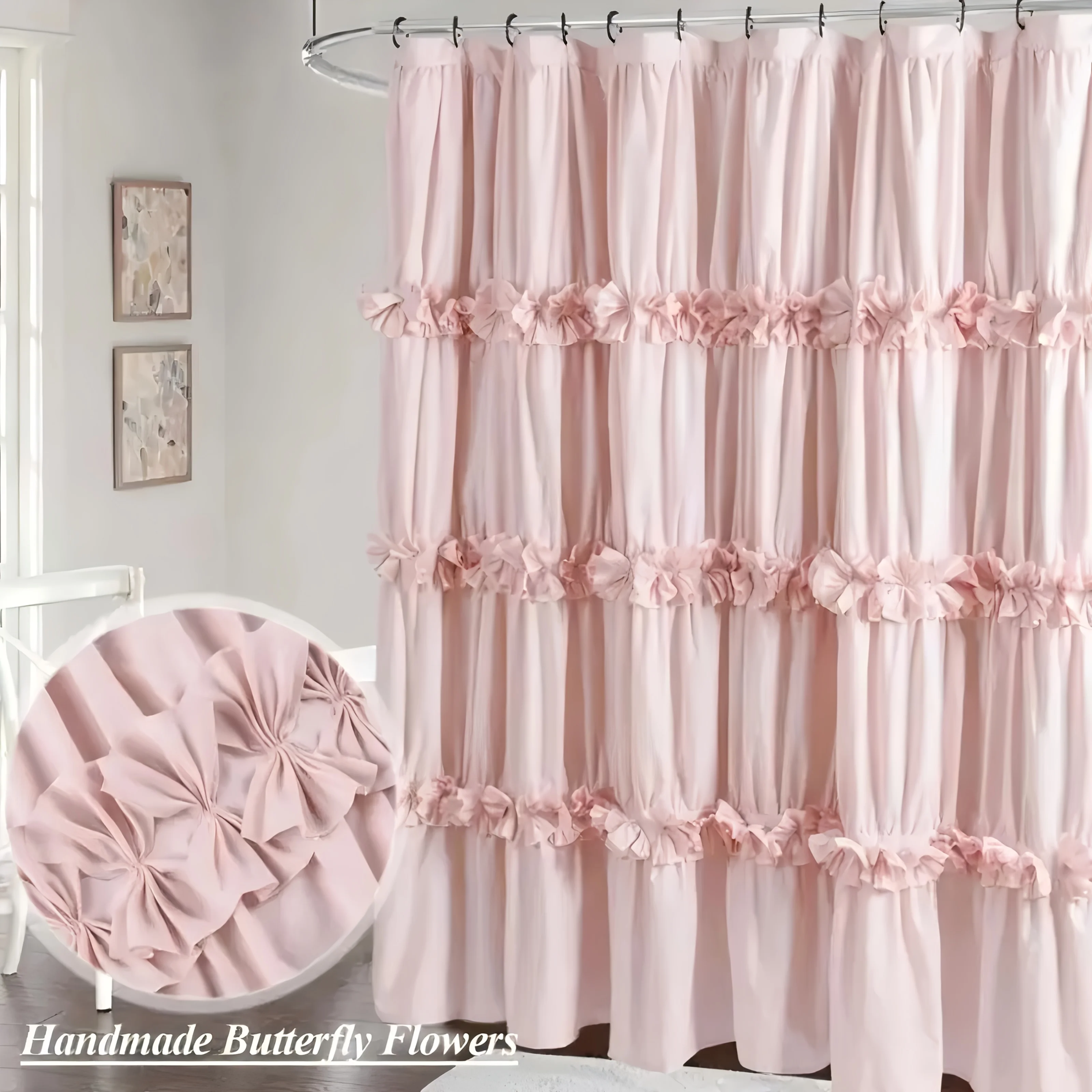 

Винтажная занавеска для душа с рюшами и бантом ручной работы, персикового цвета, для главной ванной комнаты, с 12 крючками