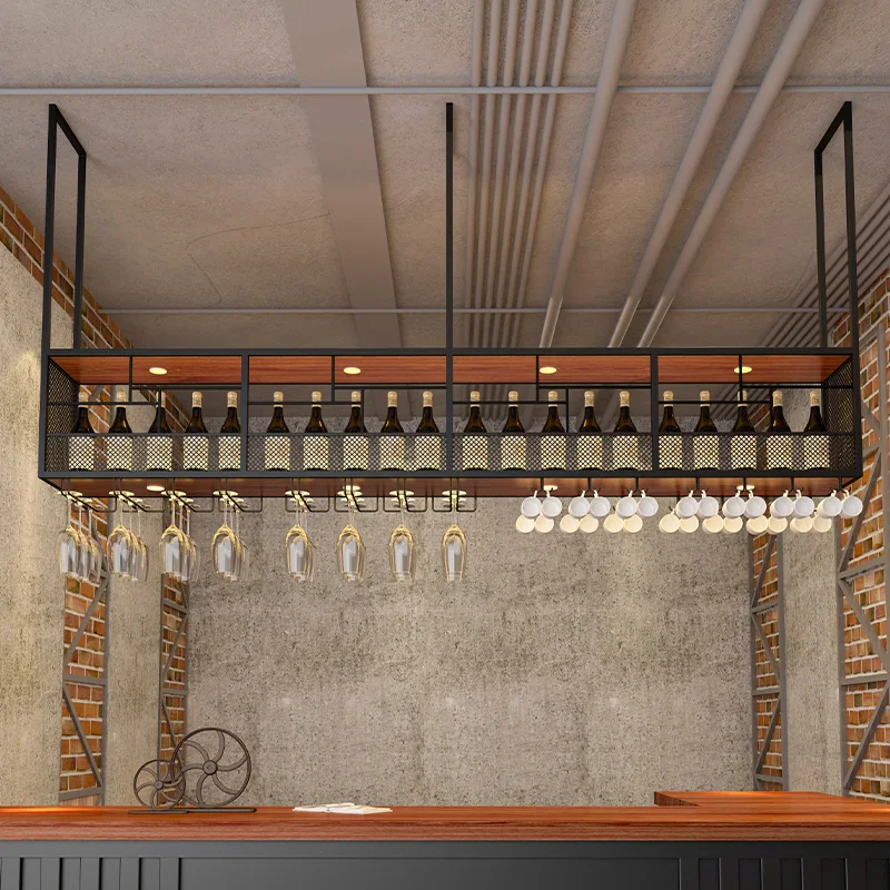 Handmade Custom Modern Industrial Wrought Iron Adjustable Height Panel Ceiling-Mounted Wine Rack Living Room Multi-Size