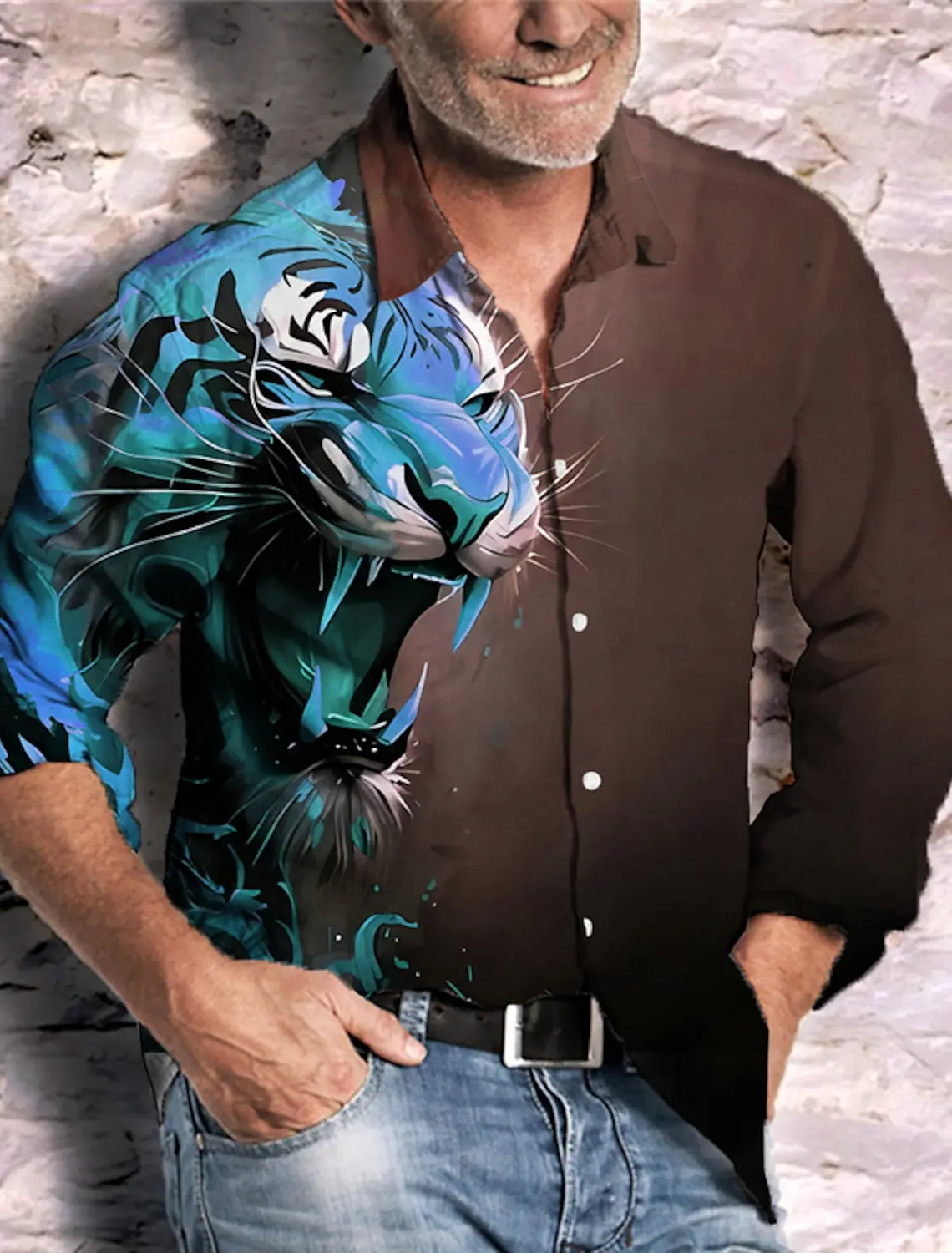 Fashion Men's Long Sleeve Shirt Animal Tiger Pattern Cuff Outdoor Street Long Sleeve Print Clothing  Streetwear Designer Casual