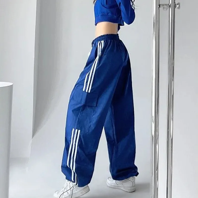 

American Retro Hottie Three-bar Striped Ankle Sports Pants for Women High Street Loose High Waist Wide Leg Casual Pants