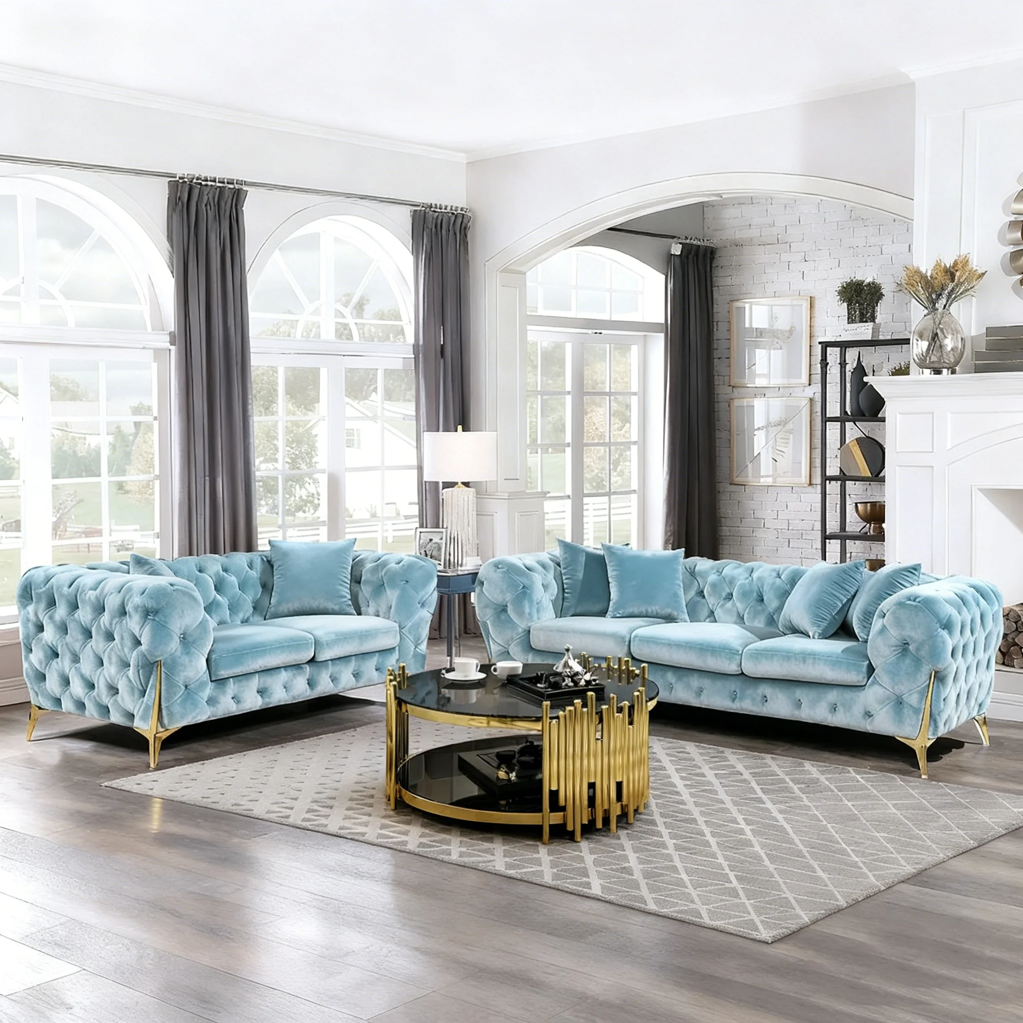 &Modern Nordic Velvet Sofa Set with Gold Stainless Steel Base 2/3 Seater Sofa Bed for Villa Living Room
