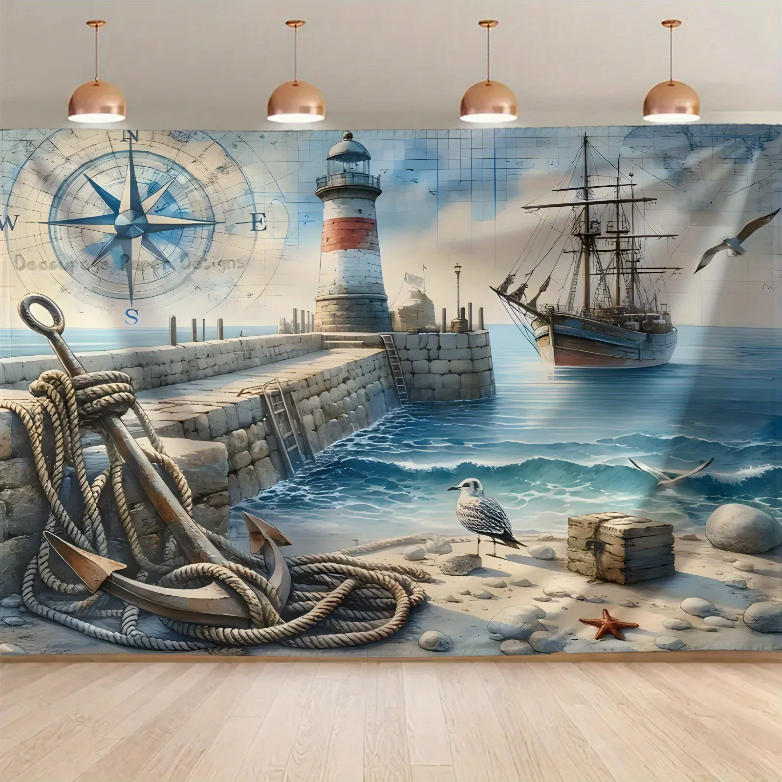 Vintage Nautical Map Wall Tapestry Sailor Ship Lighthouse Compass Decor for Living Room Bedroom Bathroom