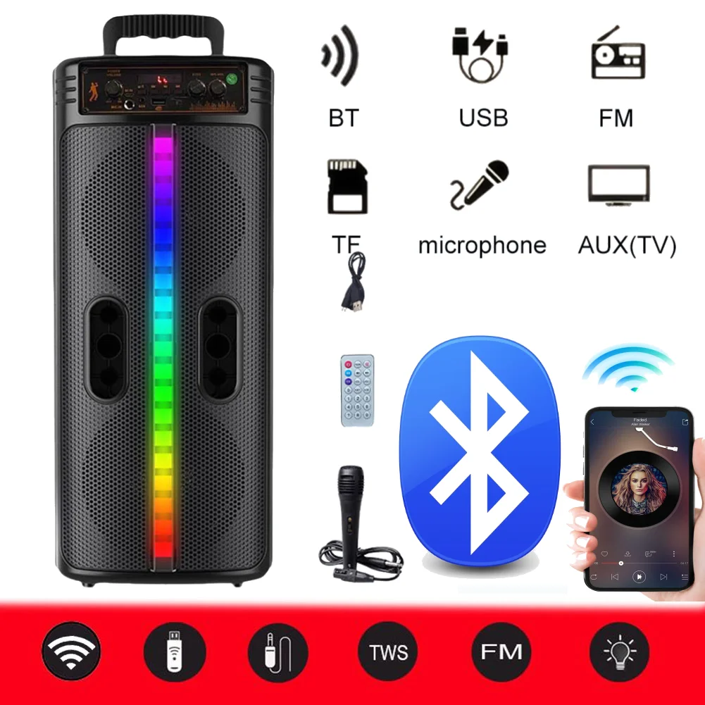 Altavoz Bluetooth portátil, altavoz estéreo con luces coloridas, doble subwoofer, altavoz potente para viajes de fiesta en casa al aire libre