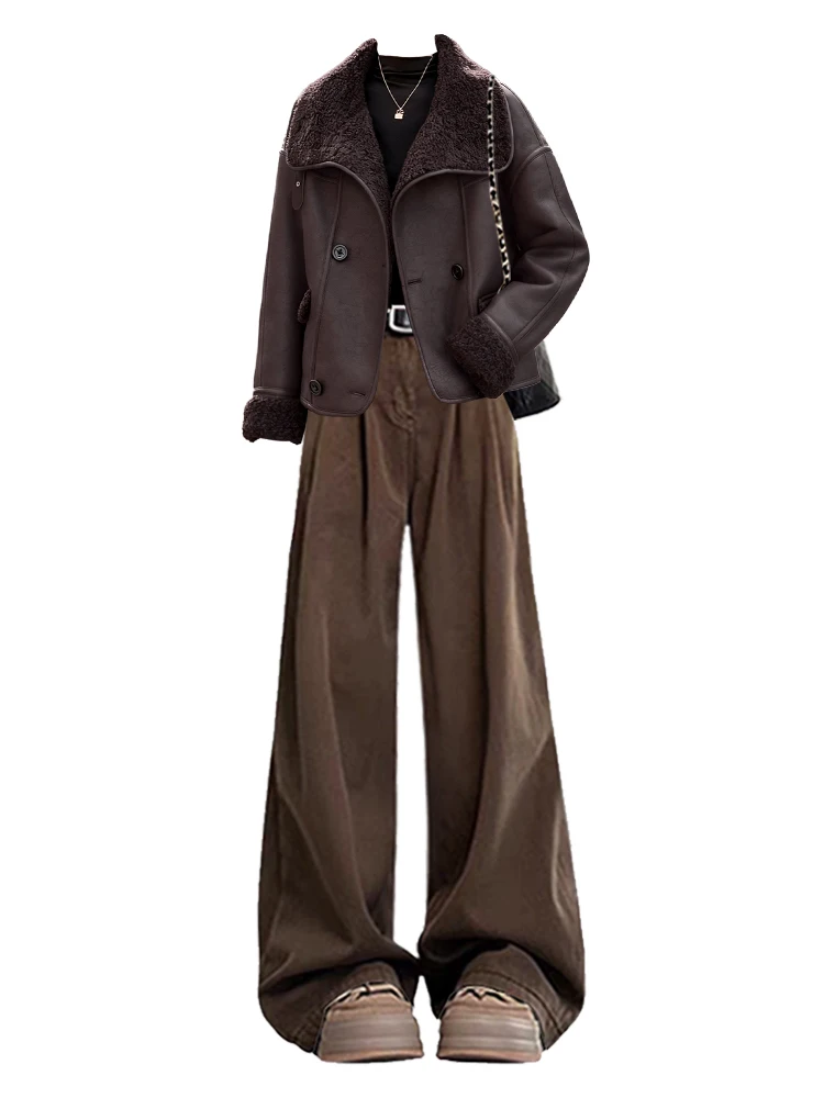 Warm Fluffy Oversized Winter Faion Set for Women High Waist Wide Leg Pants Comfortable Long Sve round Ne Cotton Coat