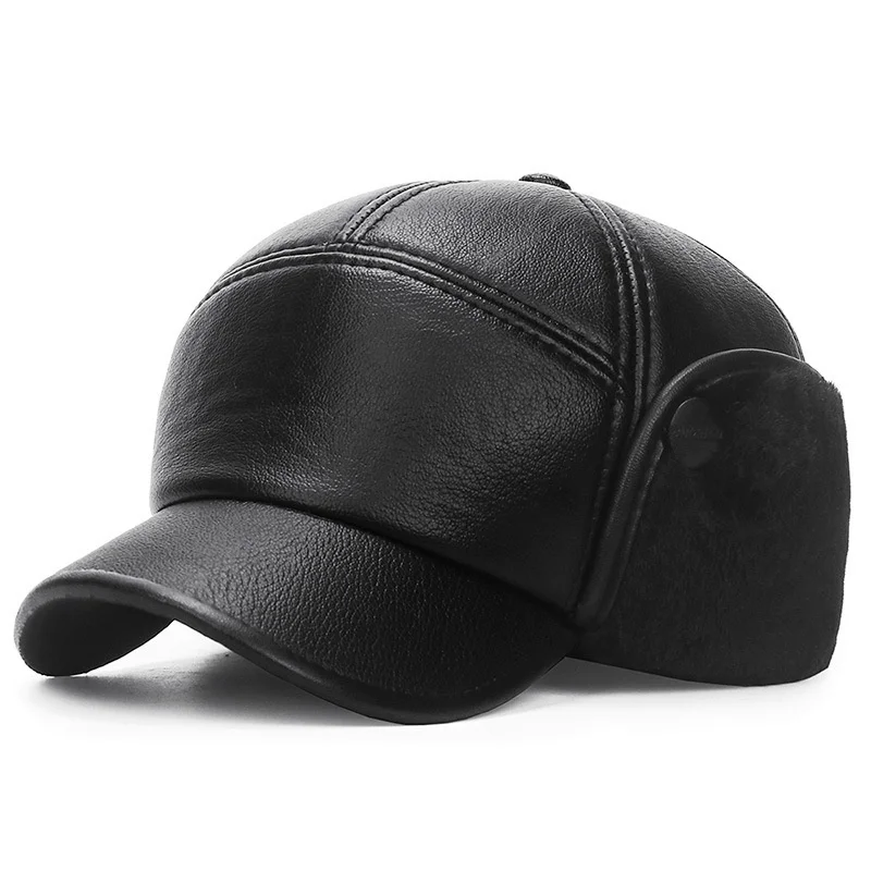 Hat Bomber New Winter Men Women Russian Black Leather Ushanka Cap With Ear Flaps Fur Warm Leather Brand Baseball Cap