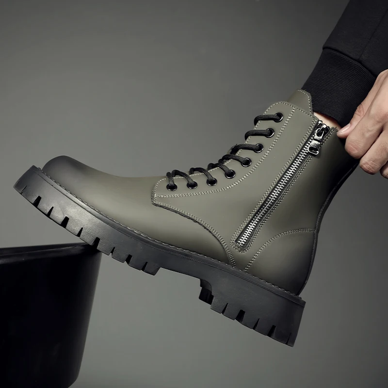 

British style men fashion high motorcycle boots black grey autumn winter shoes cowboy genuine leather platform boot chunky botas