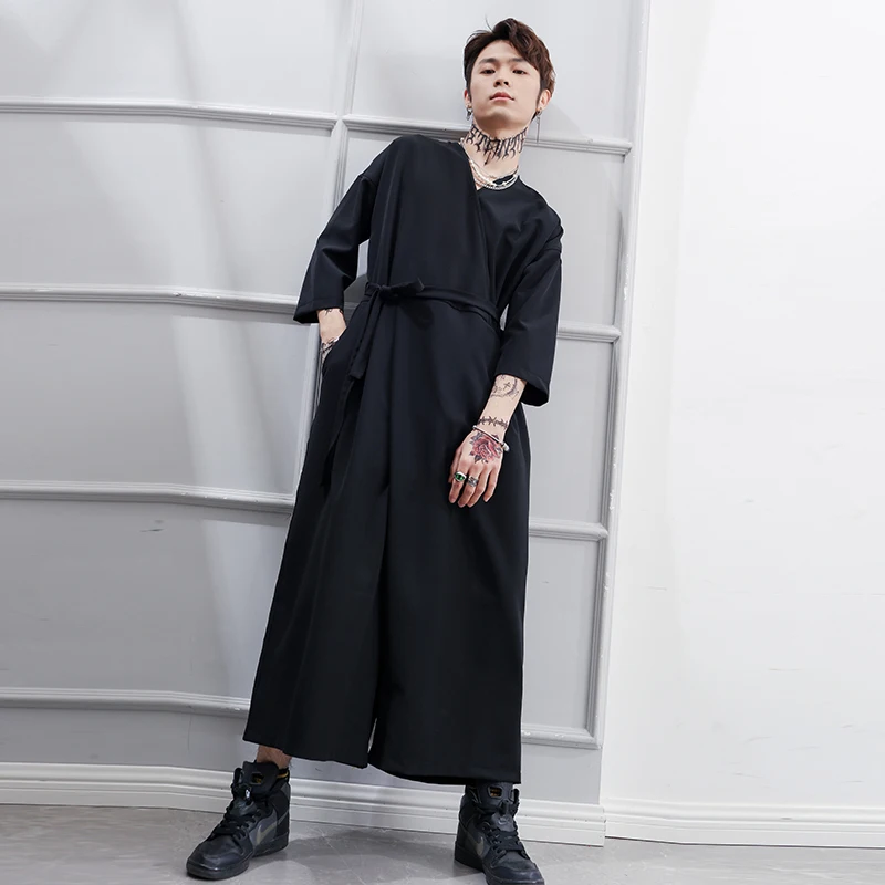 

Summer New Black Siamese Pants Men Spring Loose Cropped Teenagers Wide-leg Trousers Male Fashion Casual Skirt Jumpsuit