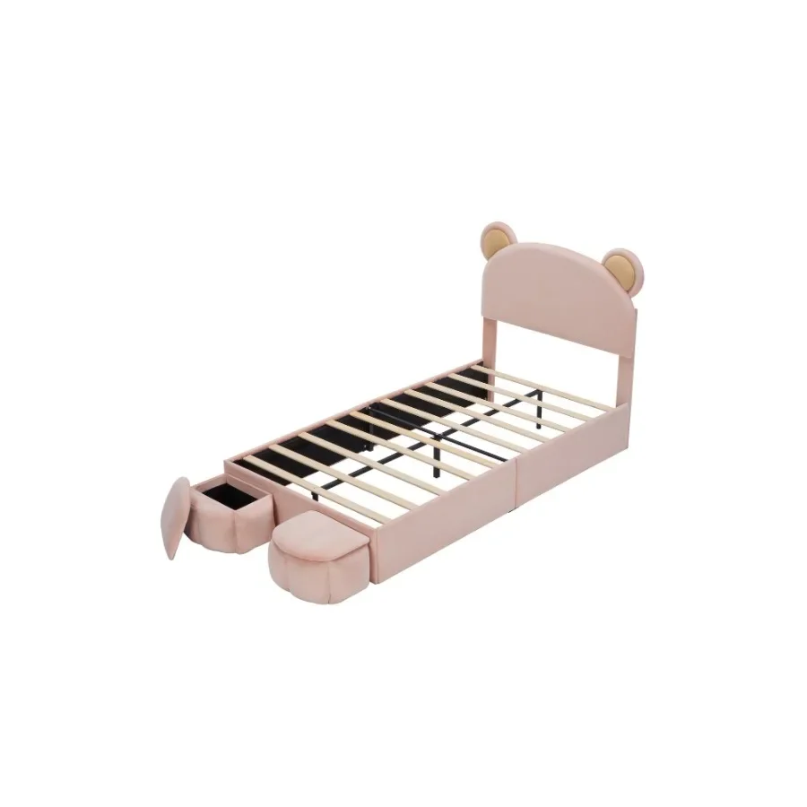 إطار سرير منجد بمنصة مزدوجة الحجم مع لوح رأسي على شكل آذان الدب الكرتوني لغرفة نوم المراهقين لا حاجة إلى صندوق زنبركي