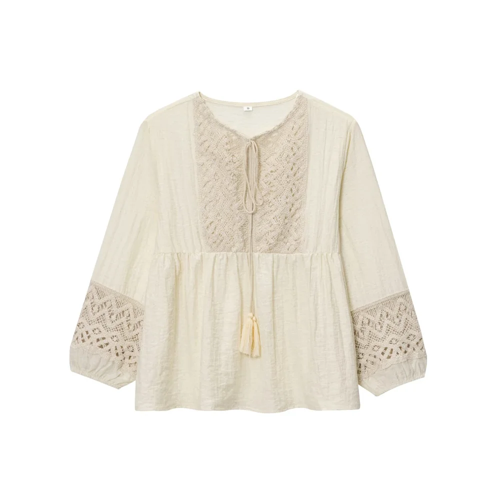 

2025 summer new women's casual temperament simple and fashionable round neck woven patchwork shirt