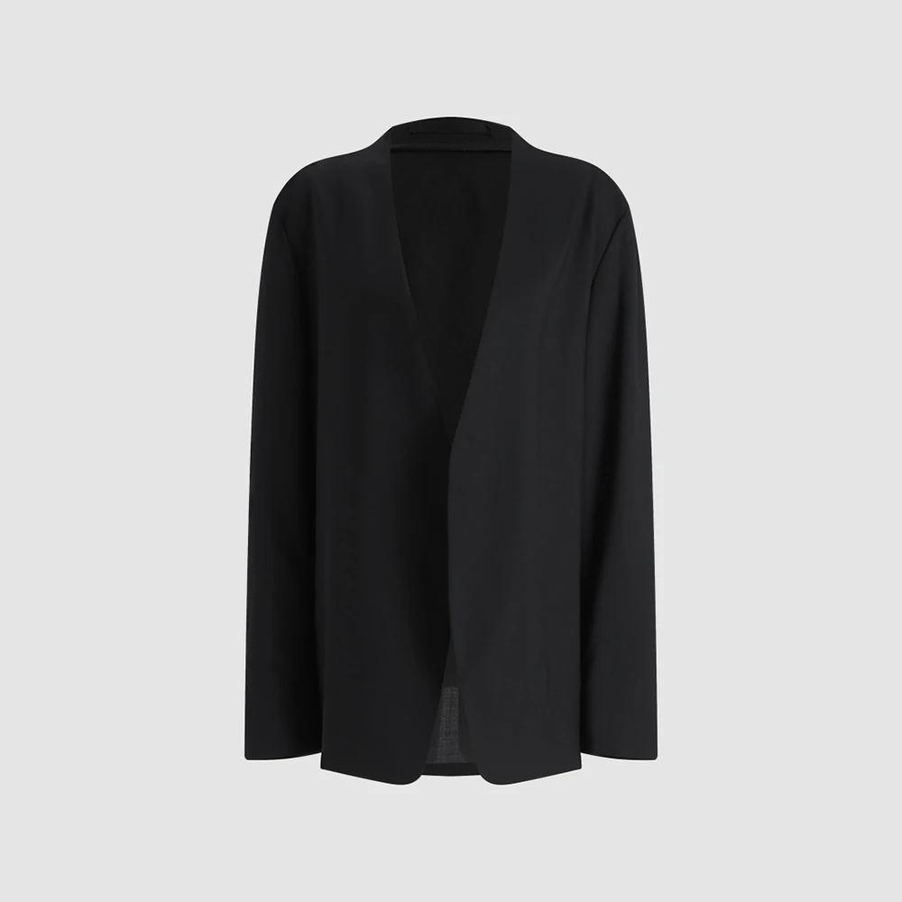 Ladies Wool‑Cotton Blend Collarless Blazer Jacket V‑Neck Loose Fit Long Sleeve Minimalist Office Commuter Casual Outerwear Coat