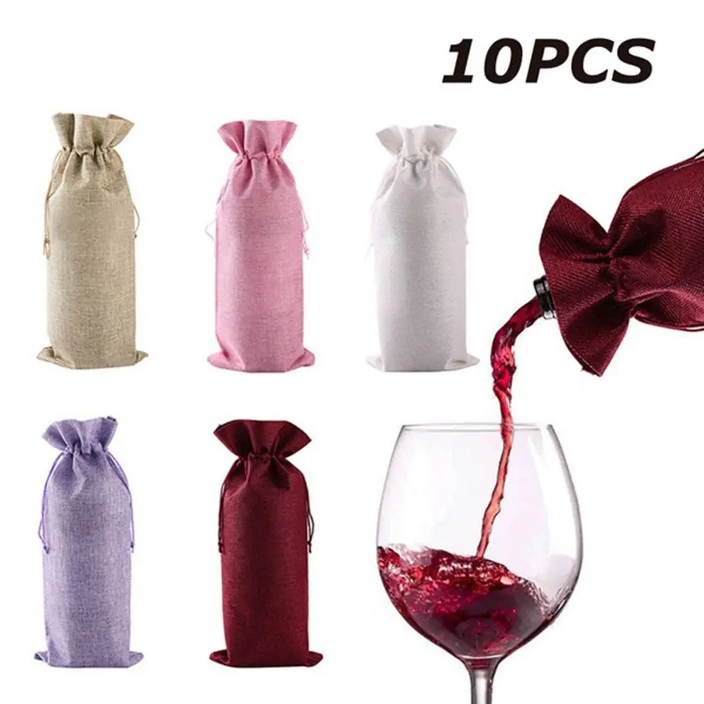 10pcs/set Red Wine Linen Party Decoration Wedding Burlap Champagne Pouch Packaging Bag Wine Bags Wine Bottle Covers