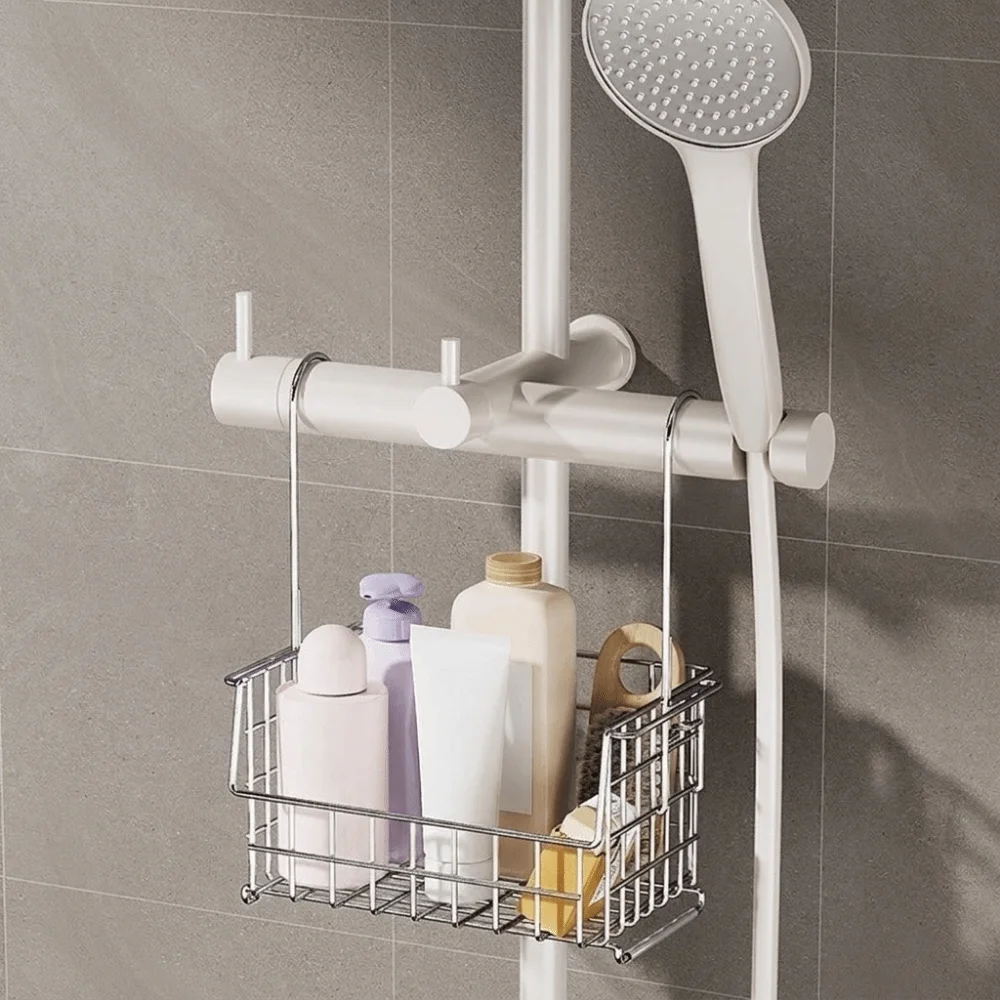 Stainless Steel Tall-Rail Shower Storage Rack No Drill Wall Mounted Hanging Shower Basket Large Capacity Detachable