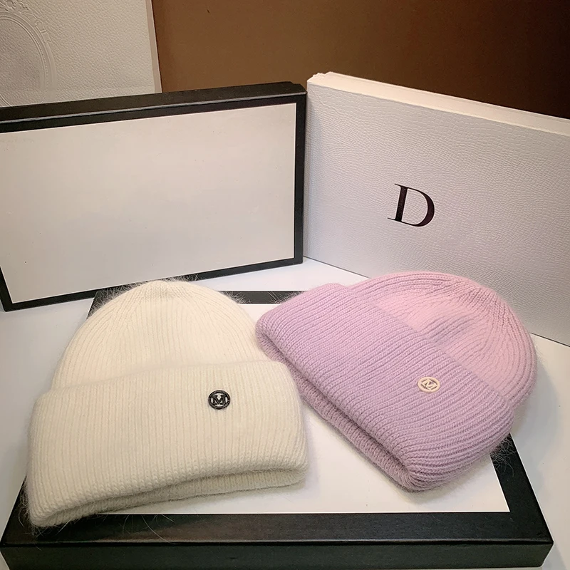 Kaninchenfell Mützen Flauschige Schwarz Weiß Wintermütze für Frauen Ohr Warme Strickmütze Skullies Beanies Weibliche Motorhaube Frau M Strickmütze – Detail 7