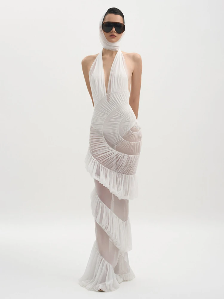 PB Fashion Sexy Mesh Sheer White Rüschen Neckholder Rückenfrei V-Ausschnitt Maxikleid Strandpartykleid