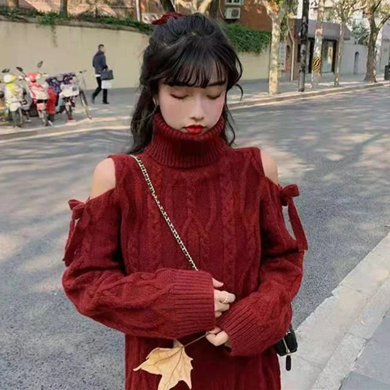 GIDYQ Christmas Off Shoulder Turtleneck Sweater Women Fashion Twist Long Sleeve Jumper Wine Red New Year Loose Knitwear Winter