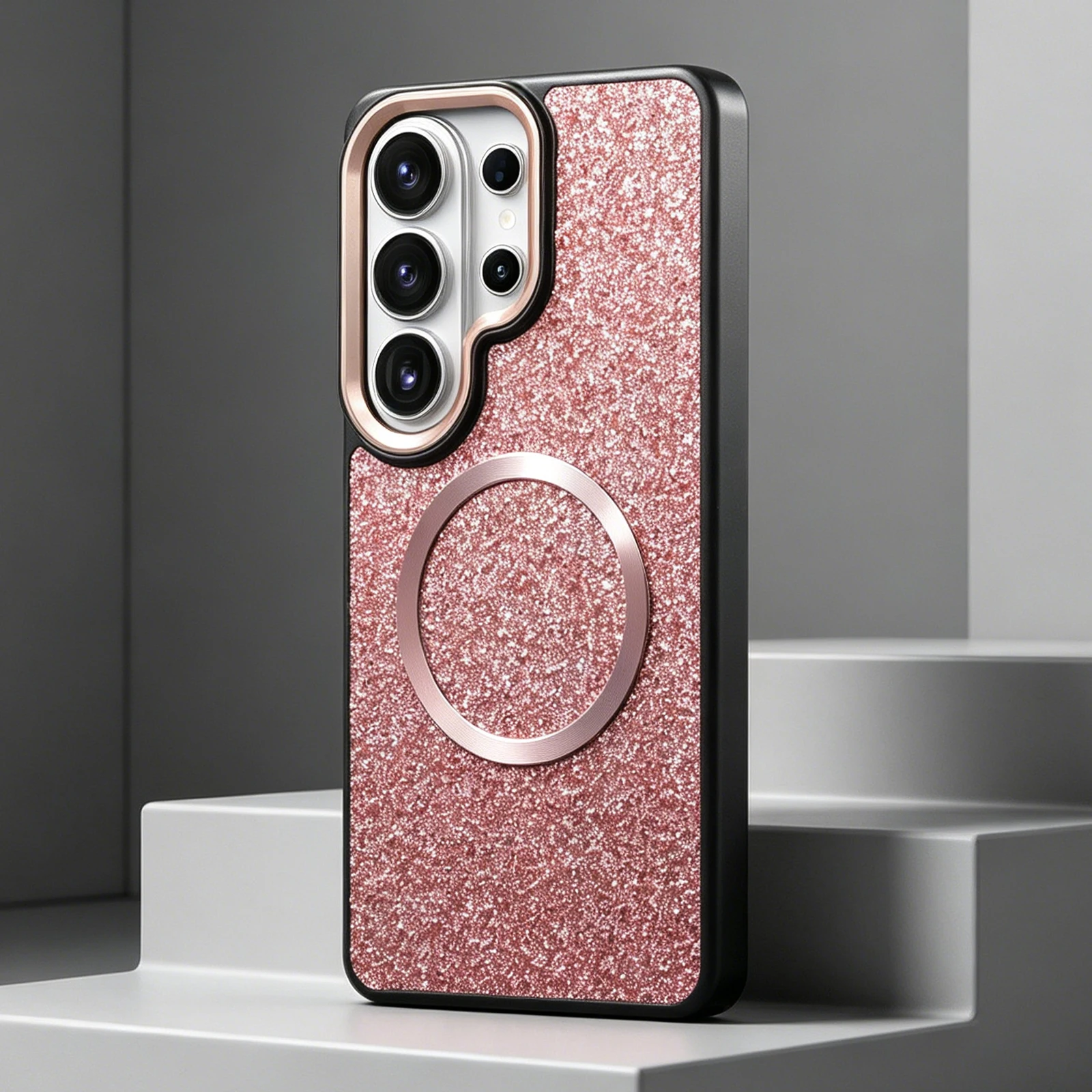 Luxury Faux Leather Metal Lens Frame Shining Phone Case Wireless Charging Frosted Feel For Samsung Galaxy S26 Ultra S25 S24