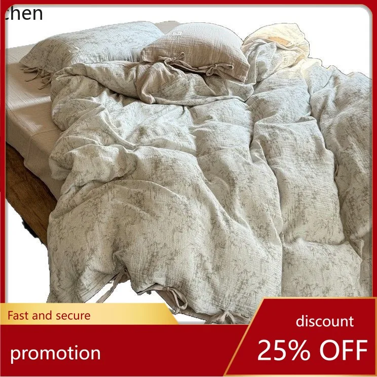 

YFY Soft Vintage Country Style Crinkled Double-Layer Gauze Lace-Up All-Cotton Set Breathable Simple Bedding Duvet Cover