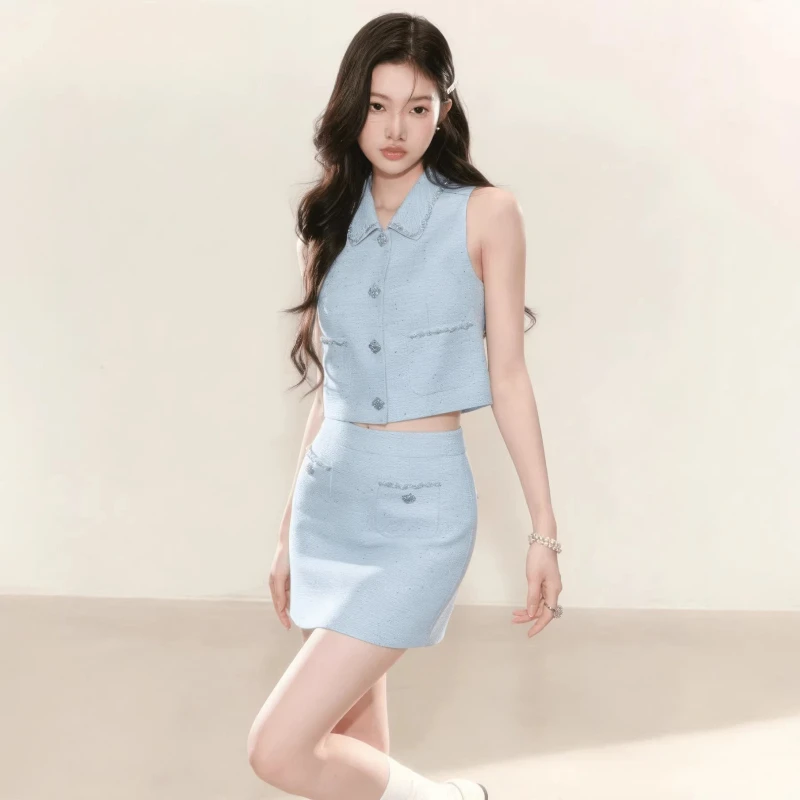 French-style Elegant Blue Set 2026 Summer Fashionable High-end Diamond-encrusted Sleeveless Top Skirt Two-piece Set for Women