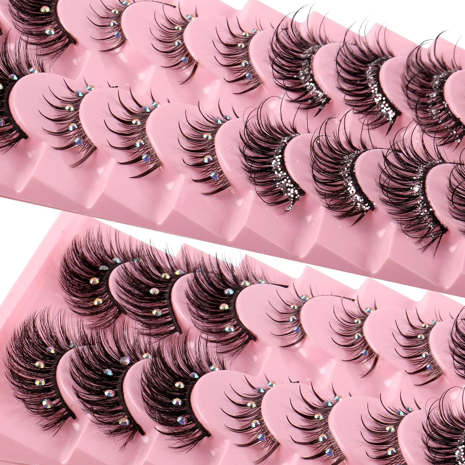 1/5/10 Pairs Natural False Eyelashes Manga Lashes Faux Mink Lashes Soft Winged Natural Realistic Eyelash Extension Paste diamond