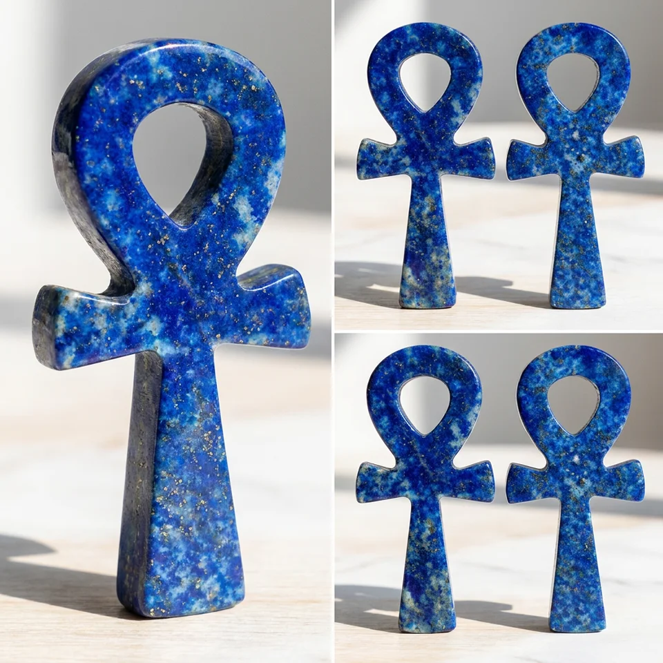 Lapis Lazuli Ankh Cross Pendants, Egyptian Healing Crystal Charms for Jewelry Making