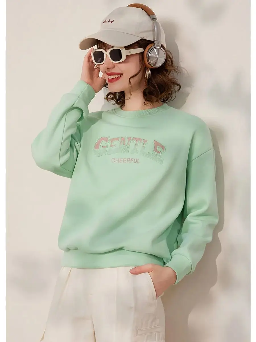 LOUIS YAO Women Pullover 2024 Spring New Sweatshirt Round Neck Long Sleeve Embroider Letter Loose Casual Fashionable Tops