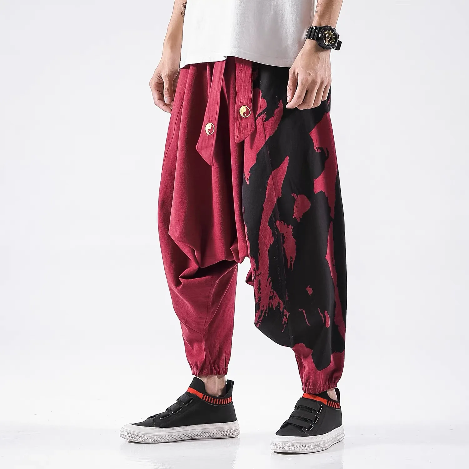 Men Cotton Linen Drop-crotch Pants Male Vintage Fashion Loose Palazzo Baggy Wide-Leg Pants Summer Bloomers Trendy Print Pantalon