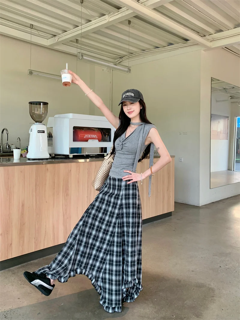 

Retro Knot Short Sleeve T-Shirt And Skirt Set for Women Summer Plaid Asymmetrical High Waist Two-Piece Fashion Ensemble