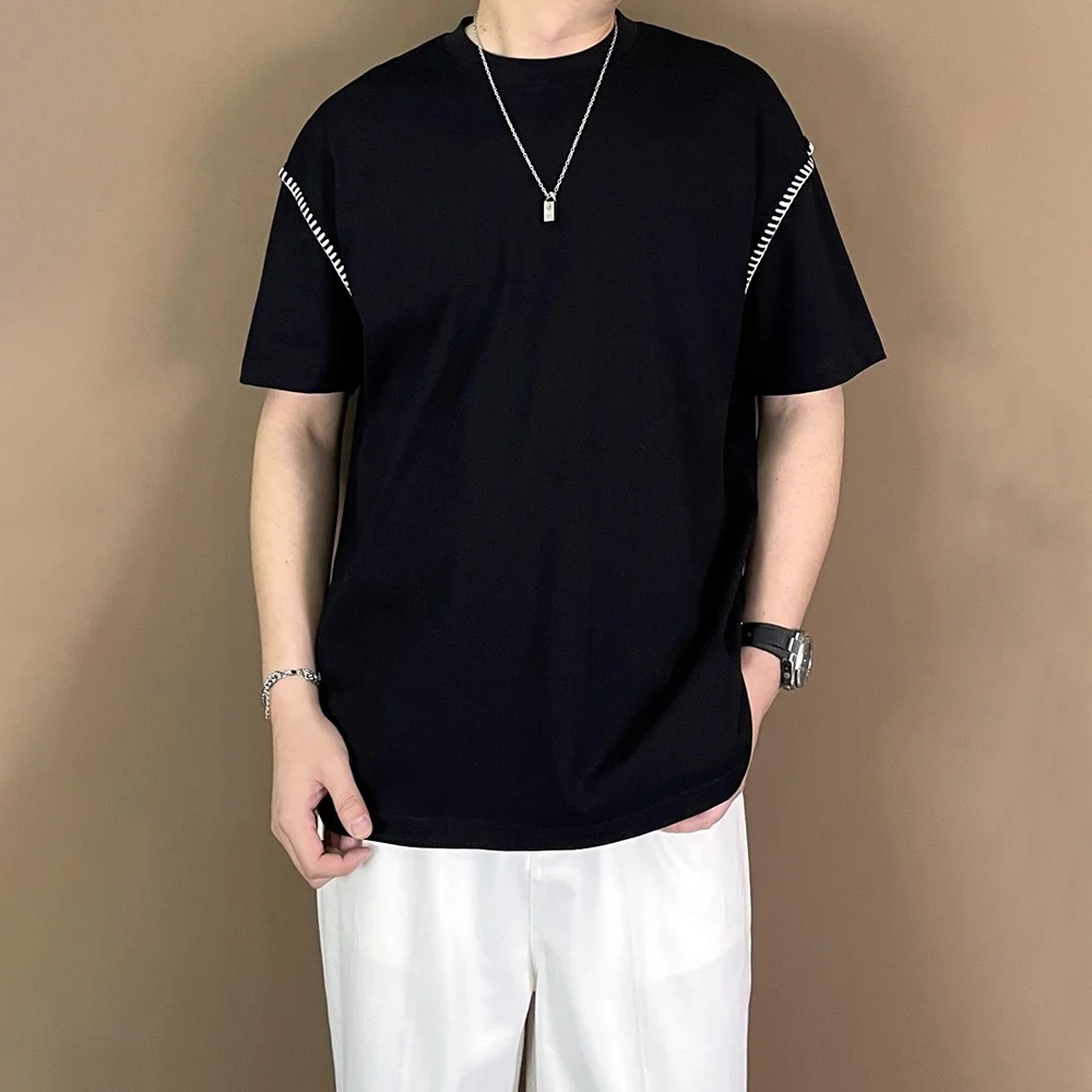 

Men Casual T-Shirt Solid Color Unique Splicing Short Sleeve T-Shirt Summer Versatile Couple Simple Loose Comfort Daily Tops 2024